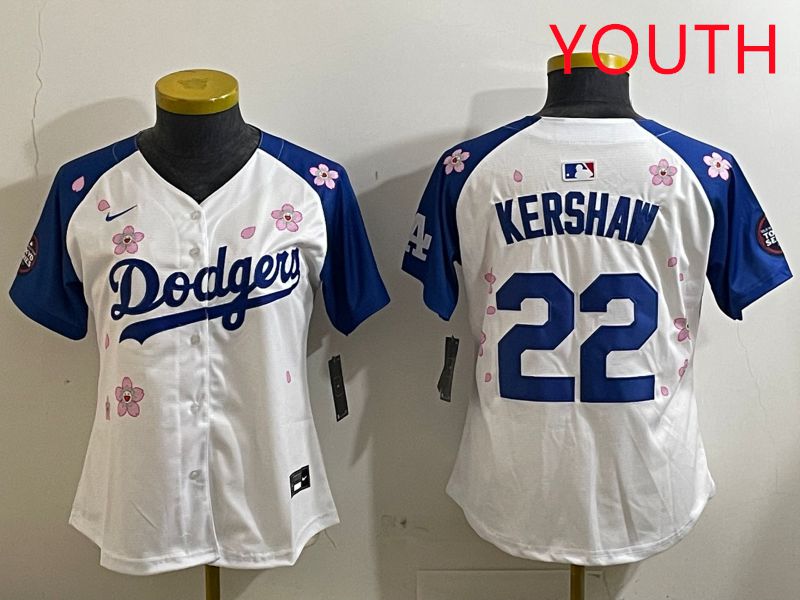 Youth Los Angeles Dodgers 22 Kershaw White Blue Sakura Edition 2025 Nike MLB Jersey style 1